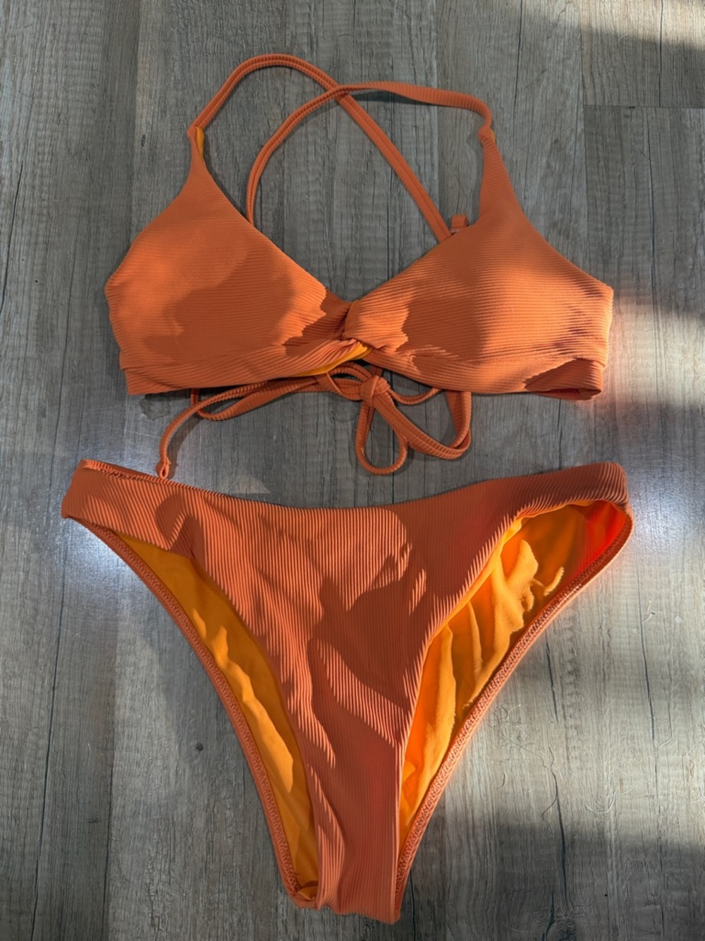 Berlook Orange Ribbed Tie-Back Bikini Set - Women Swim S/M